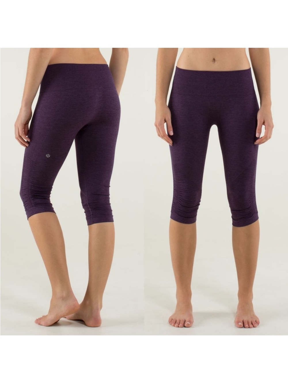 lululemon athletica dark charcoal heathered plum Ruched Capris “in the flow” LN